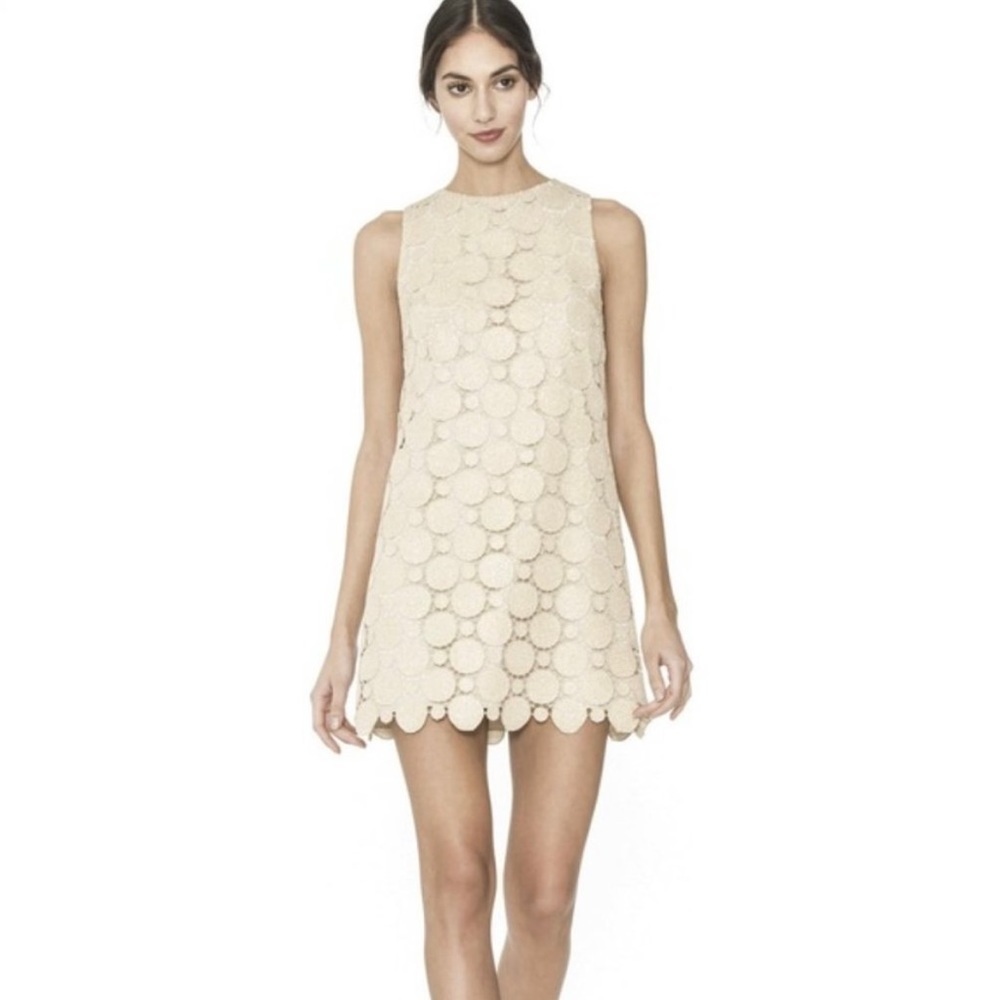 Alice & Olivia Dress Womens 8 Light Gold Metallic Lace Shift Mod Mini Cocktail - Picture 3 of 15
